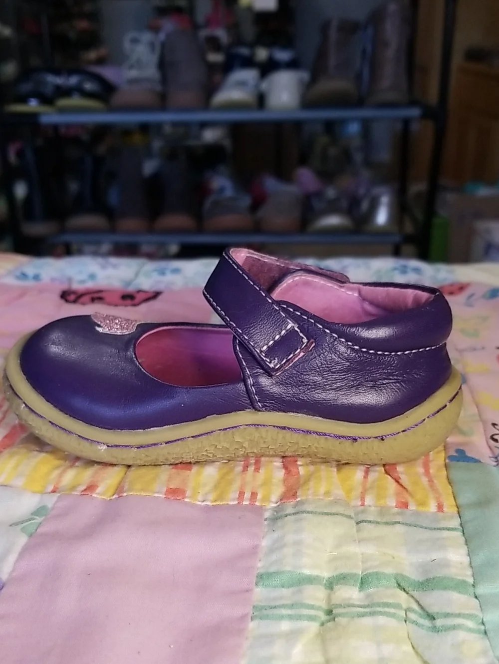 Livie & Luca Purple Leather Mary Jane Shoes with Pink Glitter Bird Size 5 Pio